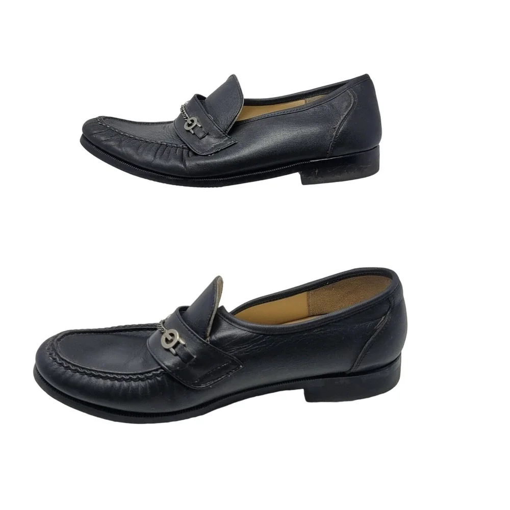 Womens Tifosi Design Black Leather Loafers Chain Detail 41‎ Wide Comfort Slip On